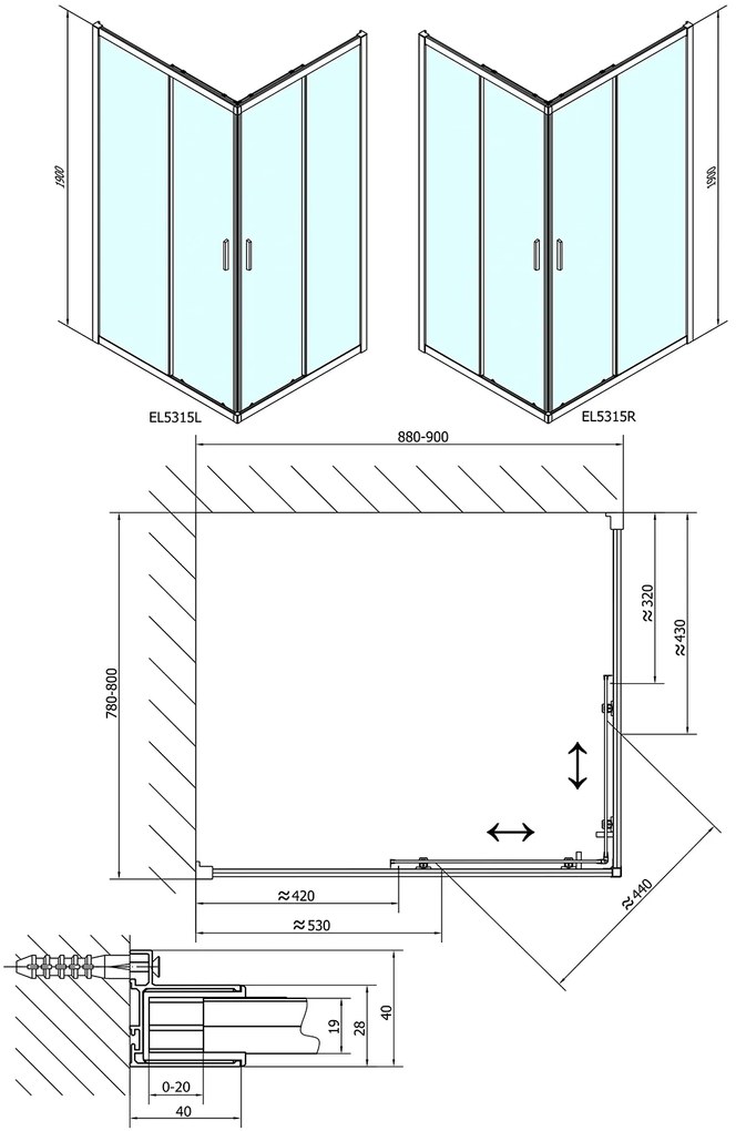 Polysan Polysan, EASY LINE obdĺžniková sprchová zástena 900x800mm, číre sklo, EL5315