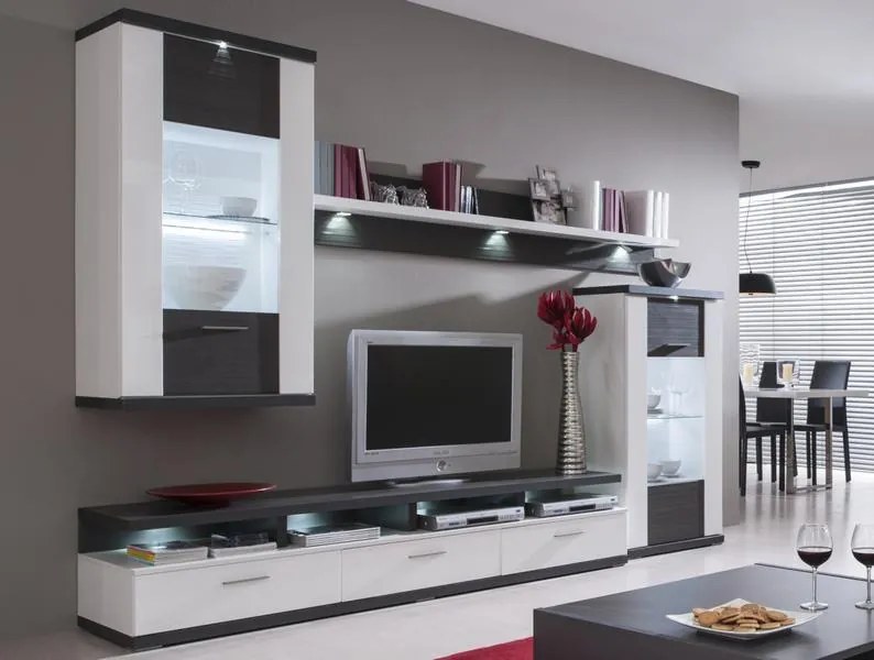 Obývacia stena Caracas kombi 333, grafit/biely lesk, s osvetlením