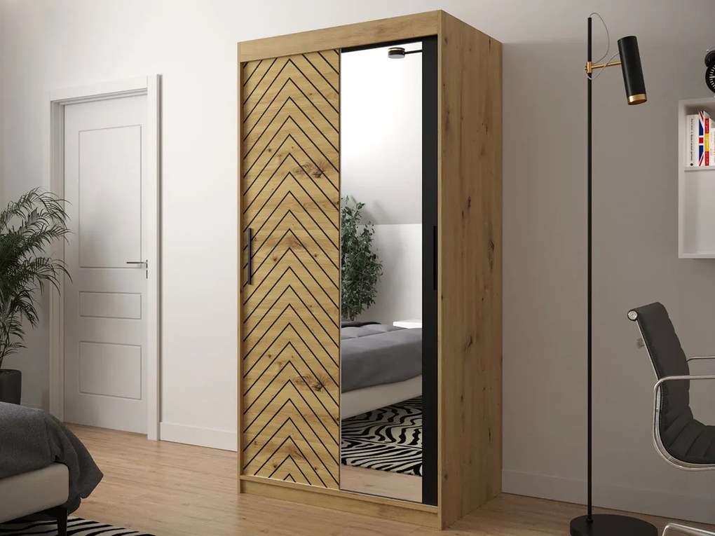 Posuvná skriňa so zrkadlom Ratintu 2 100 cm, zásuvka: áno, Farby: čierna / dub artisan + čierna