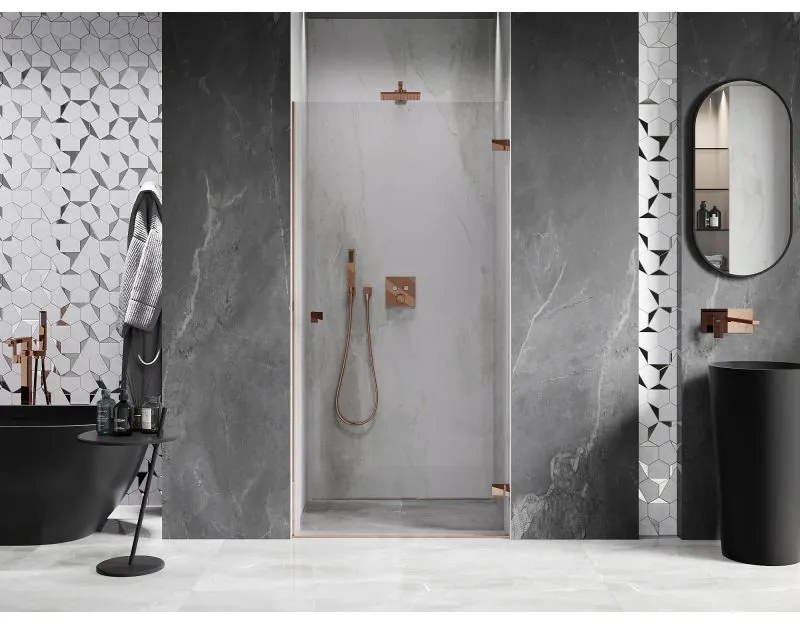 Mexen Lunar-B, otočné pravé sprchové dvere 75 cm, 8mm číre sklo, ružové zlato profil, 832-075-000-60-00-P