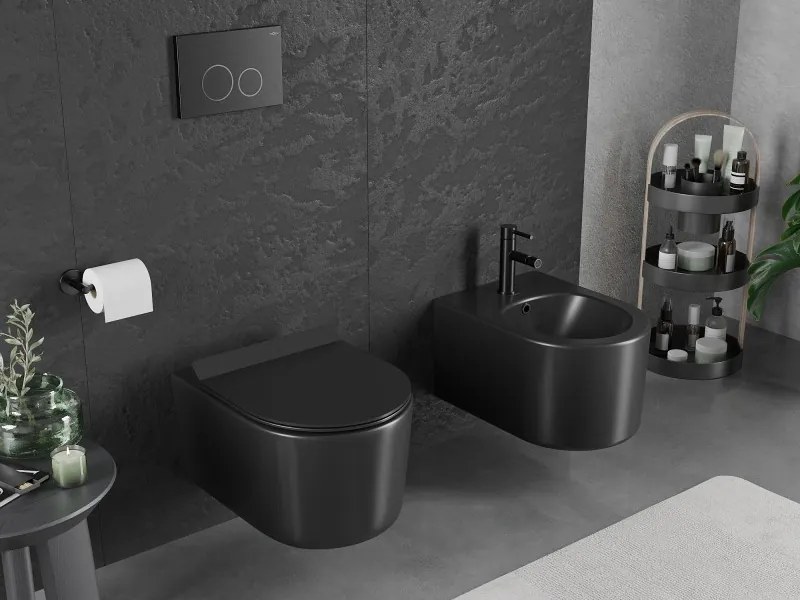 Mexen Sofia, závesná WC misa 490x360x355 mm, Rimless Tornádo + WC sedadlo z duroplastu, čierna matná, 30540185T