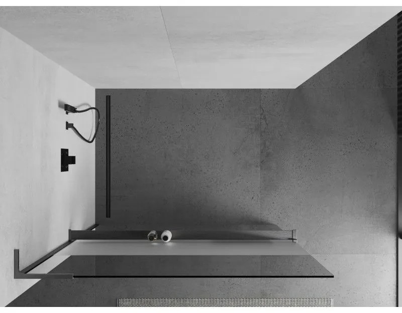 Mexen Kioto+ L, sprchová zástena Walk-In s poličkou a vešiakom 100 x 200 cm, 8mm číre sklo-námraza, grafitový profil, 800-100-123-66-35
