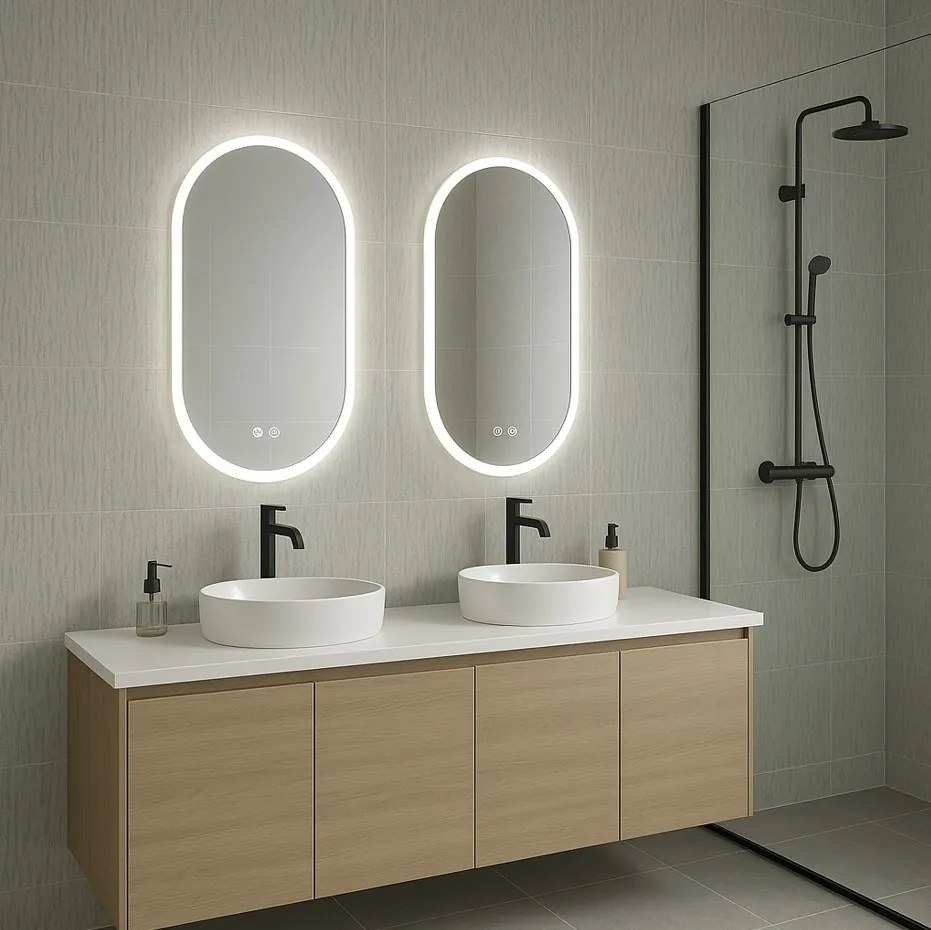 Erga Demi, oválne LED zrkadlo 60x90cm, 3 farby svetla, predné osvetlenie, vyhrievacia podložka proti zapareniu, ERG-V01-Demi-6090-CL