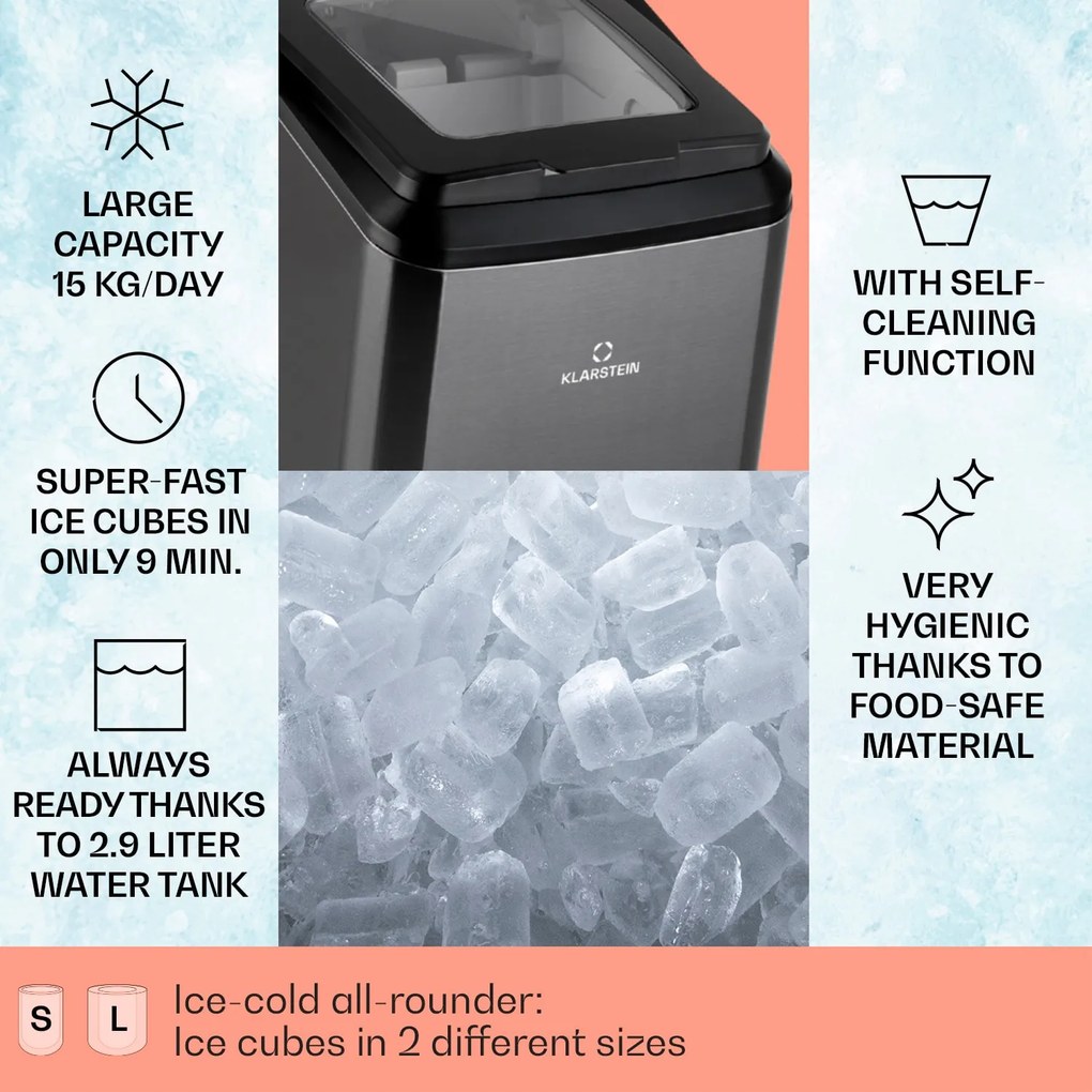 Klarstein Partytime, výrobník ľadu, číry ľad, 15kg/24h, ušľachtilá oceľ