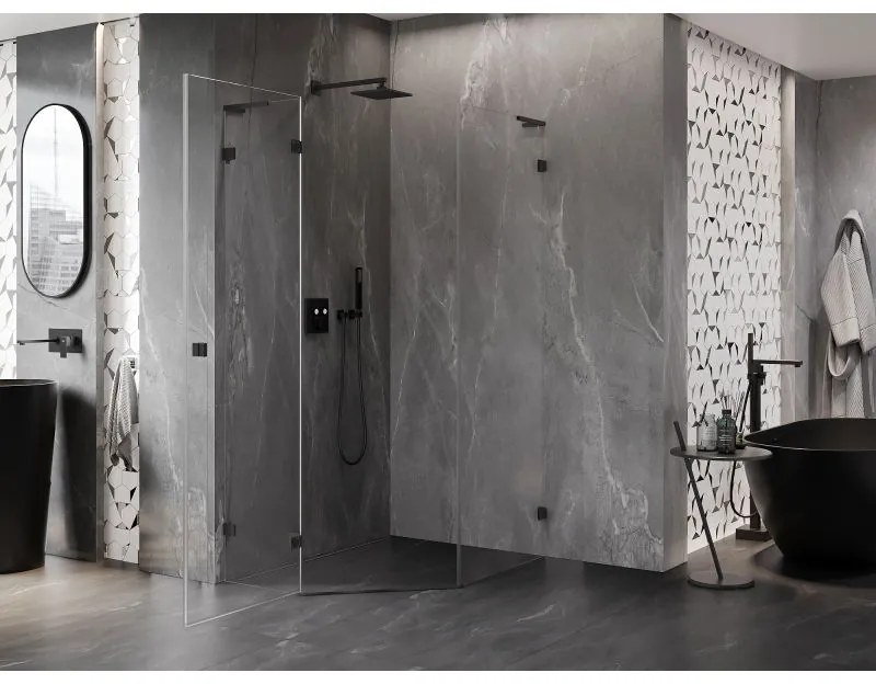 Mexen Lunar, L päťuholníkový sprchový kút naklápací doľava 90 x 100 cm, 8mm číre sklo, čierny profil, 831L-090L-100P-70-00-L