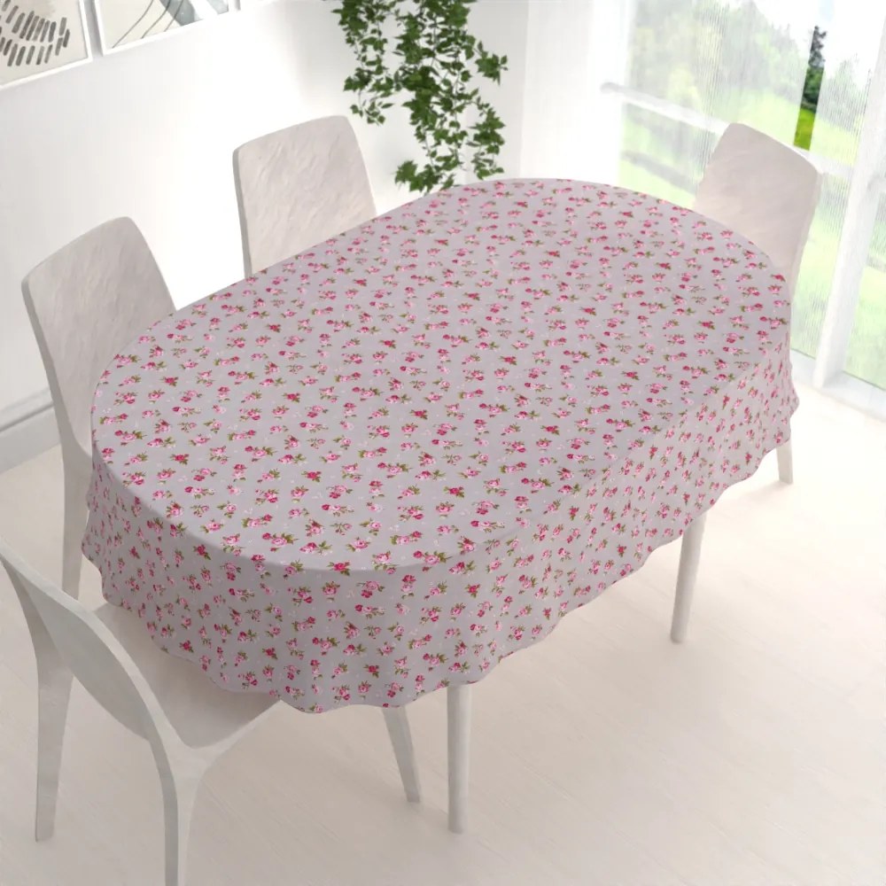 Biante Bavlnený oválny obrus Sandra SA-343 Ružové ružičky na sivom 120x200 cm