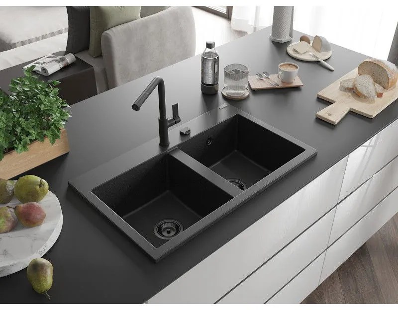 Mexen Hektor, 2-komorový granitový drez 800x480x205 mm, čierna-strieborná metalíza, grafitový sifón, 6521802000-73-B