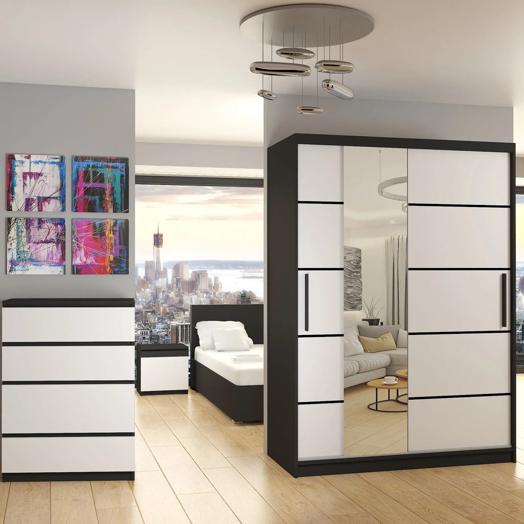 Šatníková skriňa 133 cm Belini  čierny mat / biely mat s posuvnými dverami zrkadlom a zásuvkami  MBP SZP6/1/B/W/0/KLP