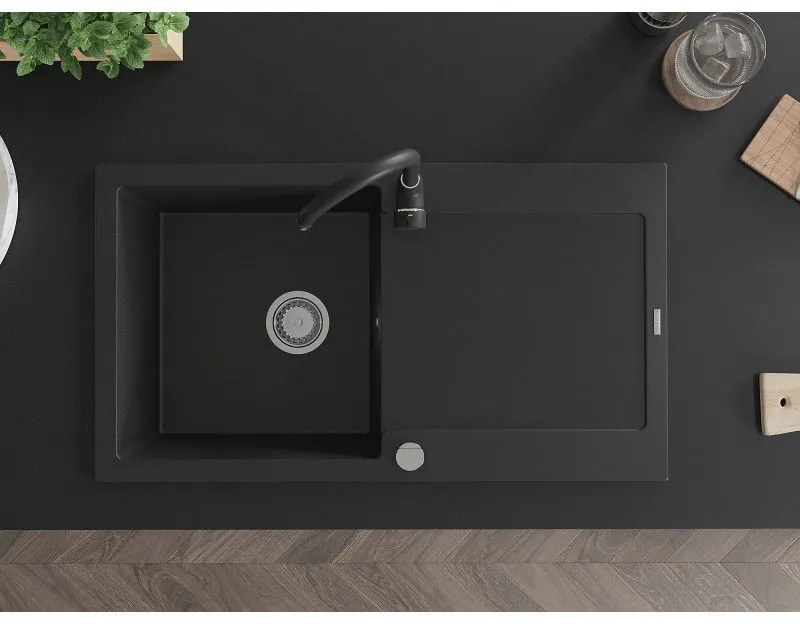 Mexen Leo 1-komorový granitový drez s odkvapkávačom 900x500mm a kuchynskou batériou Telma, čierna - 6501-77-670200-70