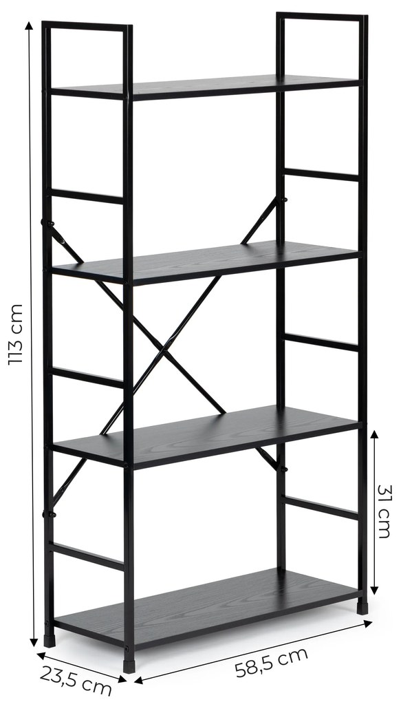 Moderný široký drevený regál so 4 policami LOFT čierny T36038