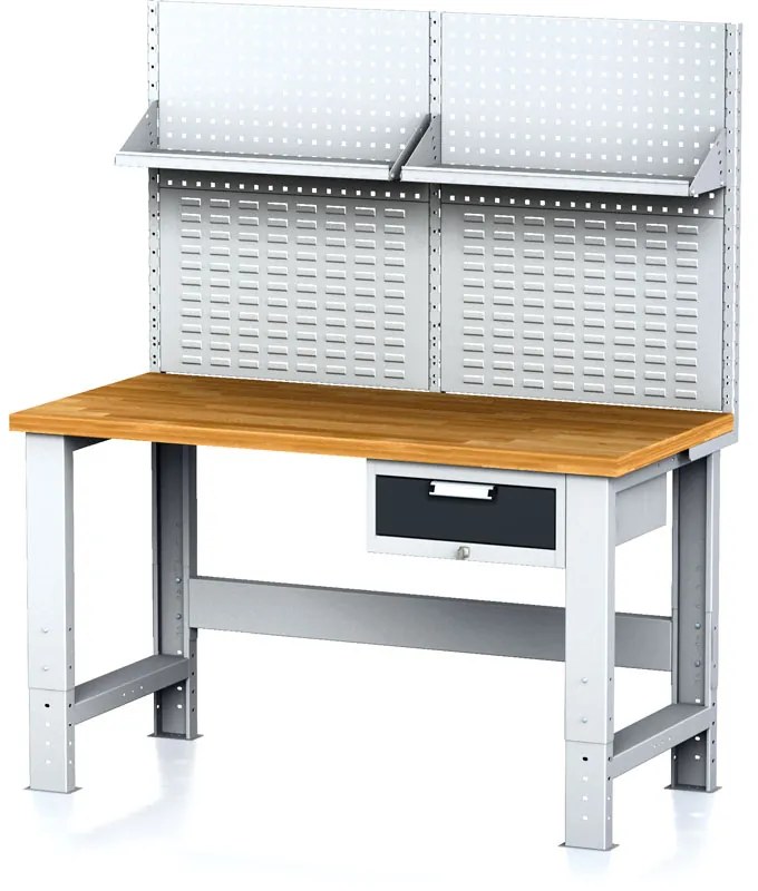 Alfa 3 Nastaviteľný dielenský stôl MECHANIC I, závesný box na náradie, nadstavba, polica, 1 zásuvka, 1500x685x700-1055 mm, antracit