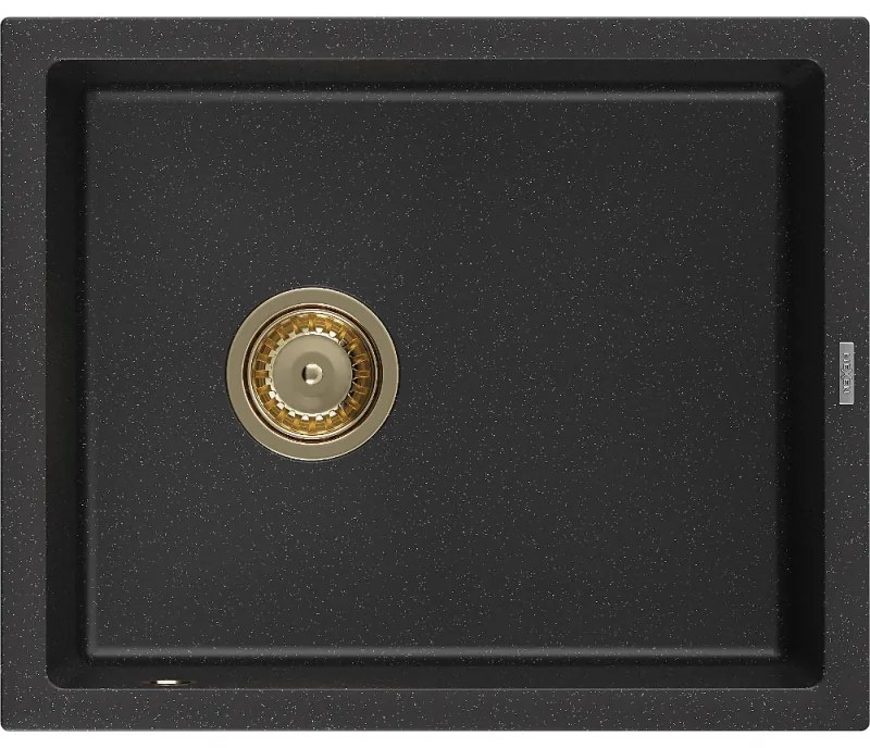 Mexen Pedro, granitový drez 560x460x200 mm, 1-komorový, čierna-strieborná metalíza so zlatým sifónom, 6508561000-73-G