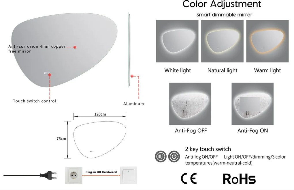 Erga Amelia, asymetrické LED zrkadlo 120x75 cm, 3993 lm, 3 farby svetla, zadné osvetlenie, ERG-V01-407-1275-00