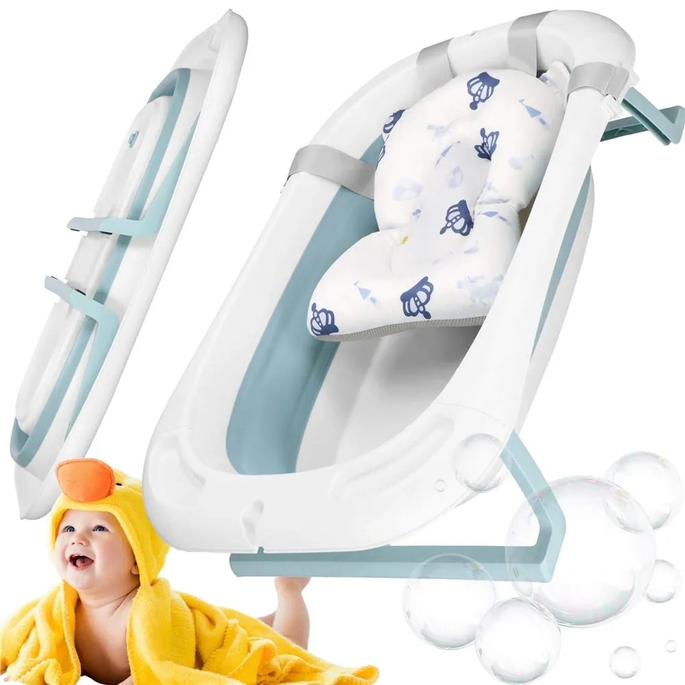 SPRINGOS Skladacia detská vanička 35 L pre bábätká, s teplomerom a vankúšikom, biela a modrá SB0063