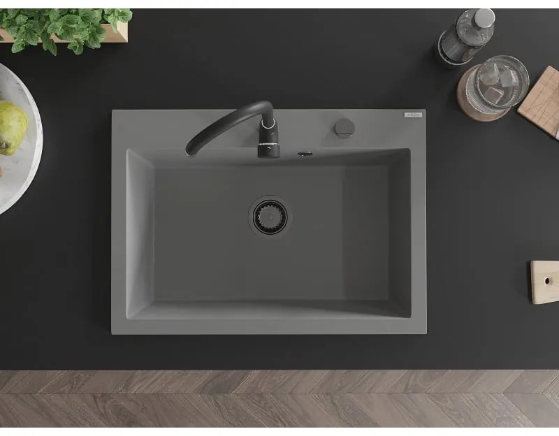 Mexen Elix, 1-korový granitový drez 700 x 500 mm, šedá, čierny sifón, 6526701005-71-B