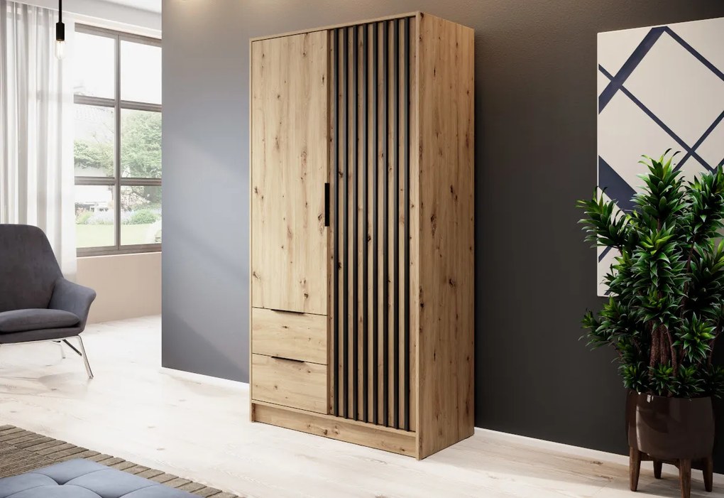 Šatníková skriňa so zrkadlom BELANDA 2D, 105x200x51, dub artisan/čierna