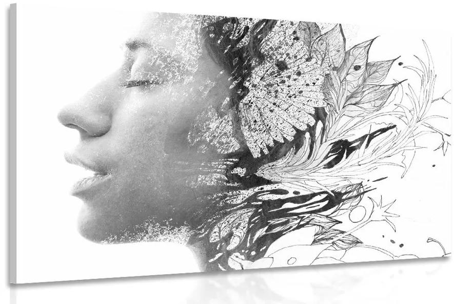 Obraz žena s maľovanými kvetmi v čiernobielom prevedení Varianta: 90x60