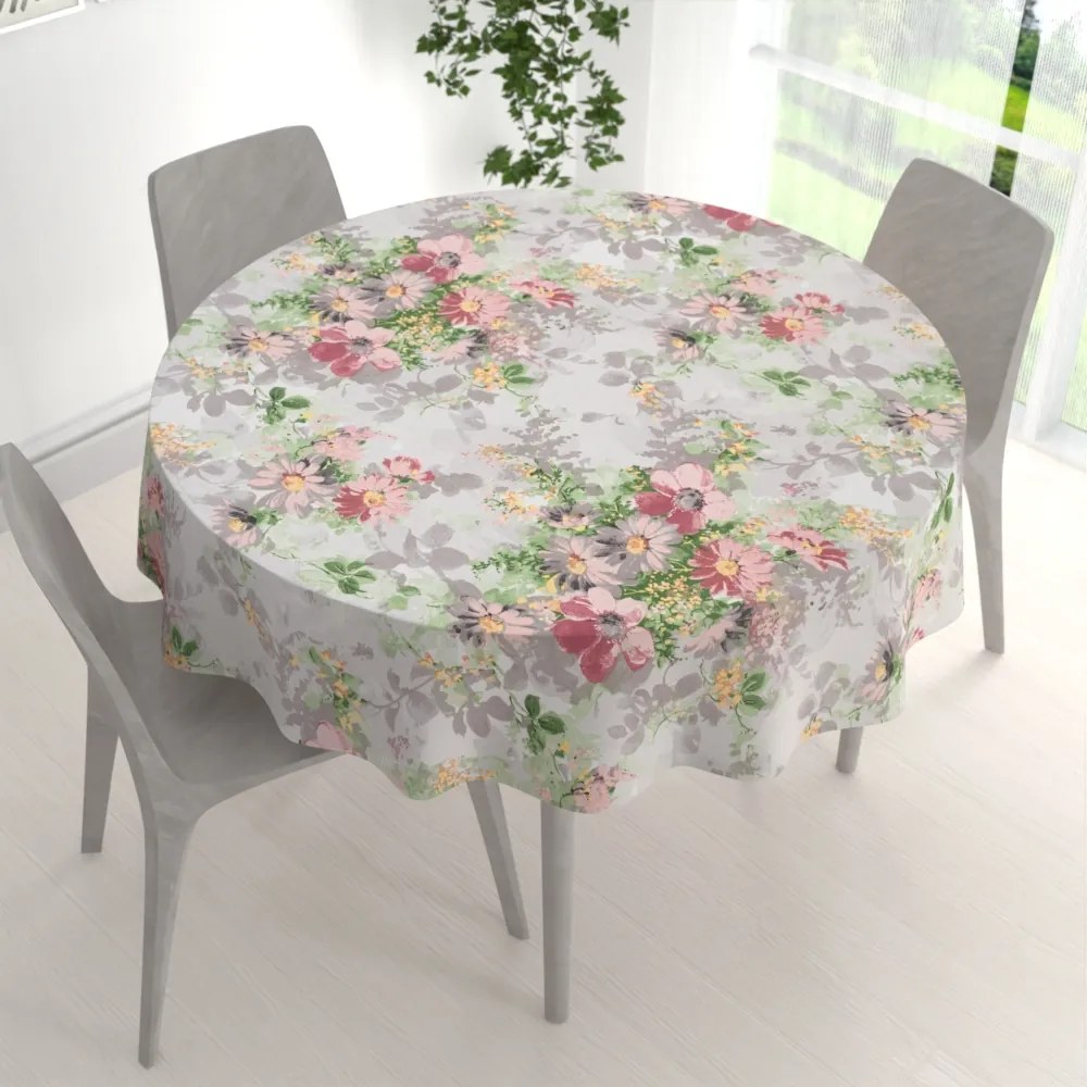 Biante Bavlnený okrúhly obrus Sandra SA-704 Maľované ružovo-červené kvety na sivom Ø 110 cm