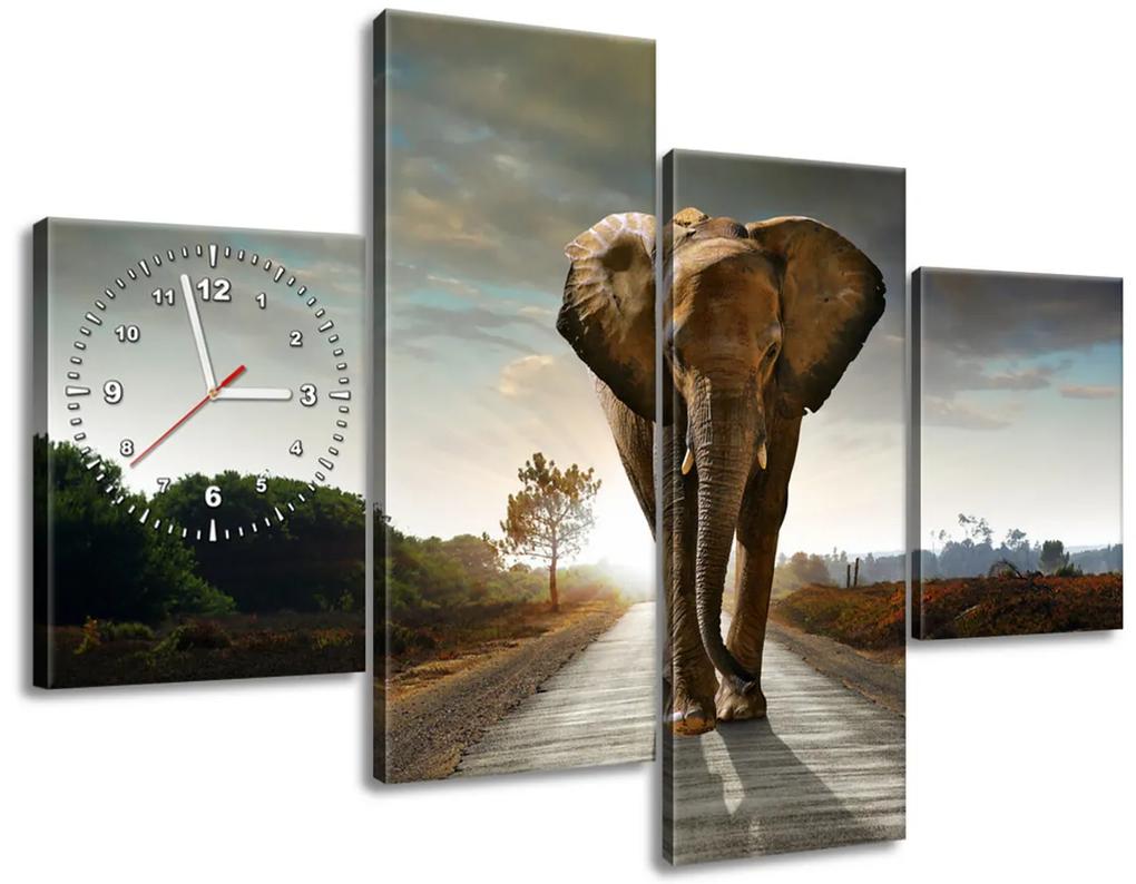 Gario Obraz s hodinami Osamelý silný slon - 4 dielny Rozmery: 120 x 80 cm