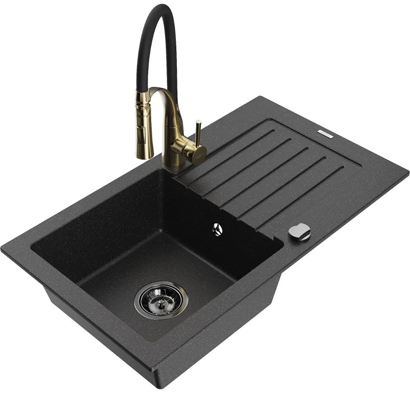 Mexen Pablo, 1-komorový granitový drez 752x436x161 mm a drezová batéria Aster, čierna-strieborná metalíza, 6510-73-73450-57-B