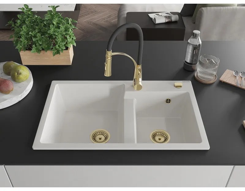 Mexen Tomas, 2-komorový granitový drez 800x500x190 mm a drezová batéria Aster, biela, 6516-20-73450-57-G