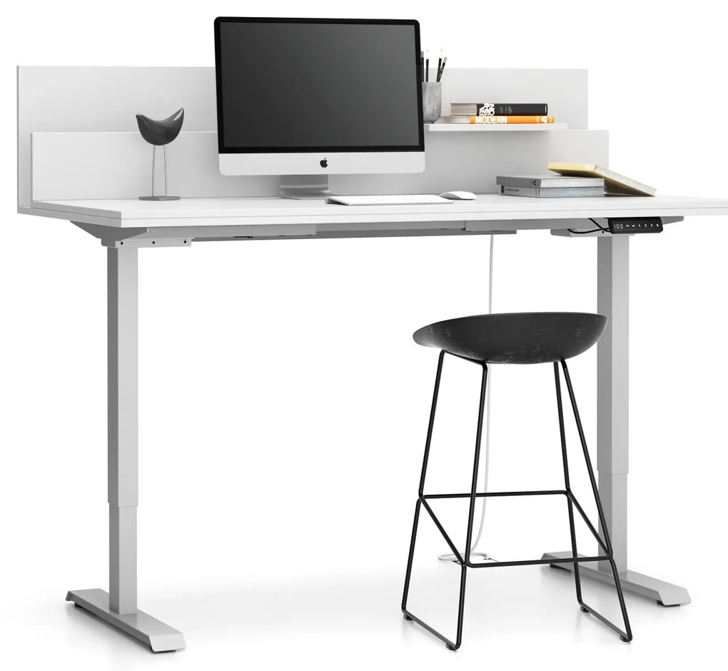 Výškovo nastaviteľný stôl SINGLE LAYERS, 160x80 cm, 2 motory, s prepážkami, biela