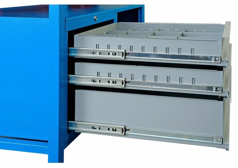 Dielenský pracovný stôl GD, 5 zásuviek, smrek + buková preglejka, 5 zásuviek, 1 skrinka, 1190 x 600 x 850 mm, modrá / sivá