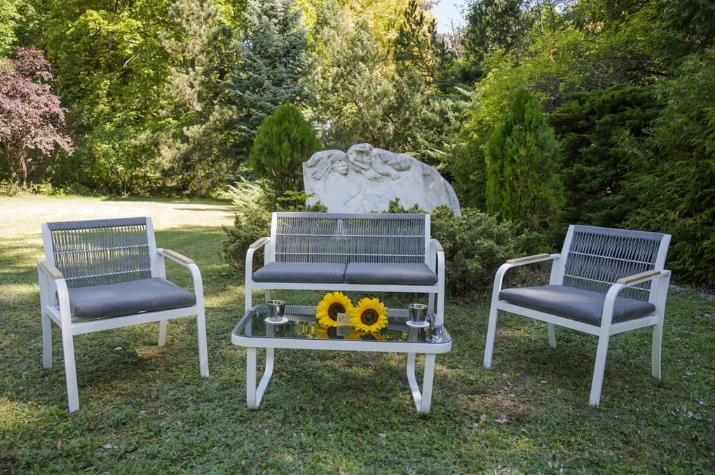 ZÁHRADNÝ SET RARO 2 x KRESLO + 1 x POHOVKA + STÔL BIELY + ŠEDÝ