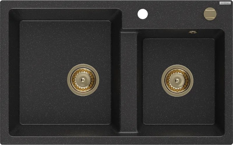 Mexen Tomas, granitový drez 800x500x190 mm, 2-komorový, čierna-strieborná metalíza so zlatým sifónom, 6516802000-73-G