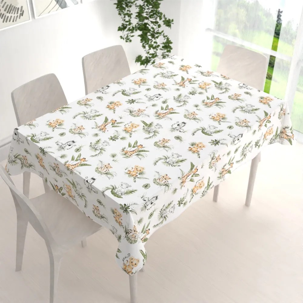 Biante Detský bavlnený obdĺžnikový obrus Sandra SA-475 Zvieratká v Safari na bielom 100x160 cm
