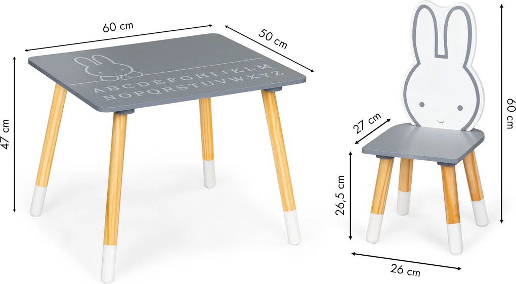ECOTOYS detský set: stolík + 2 stoličky, skandinávsky štýl, s abecedou