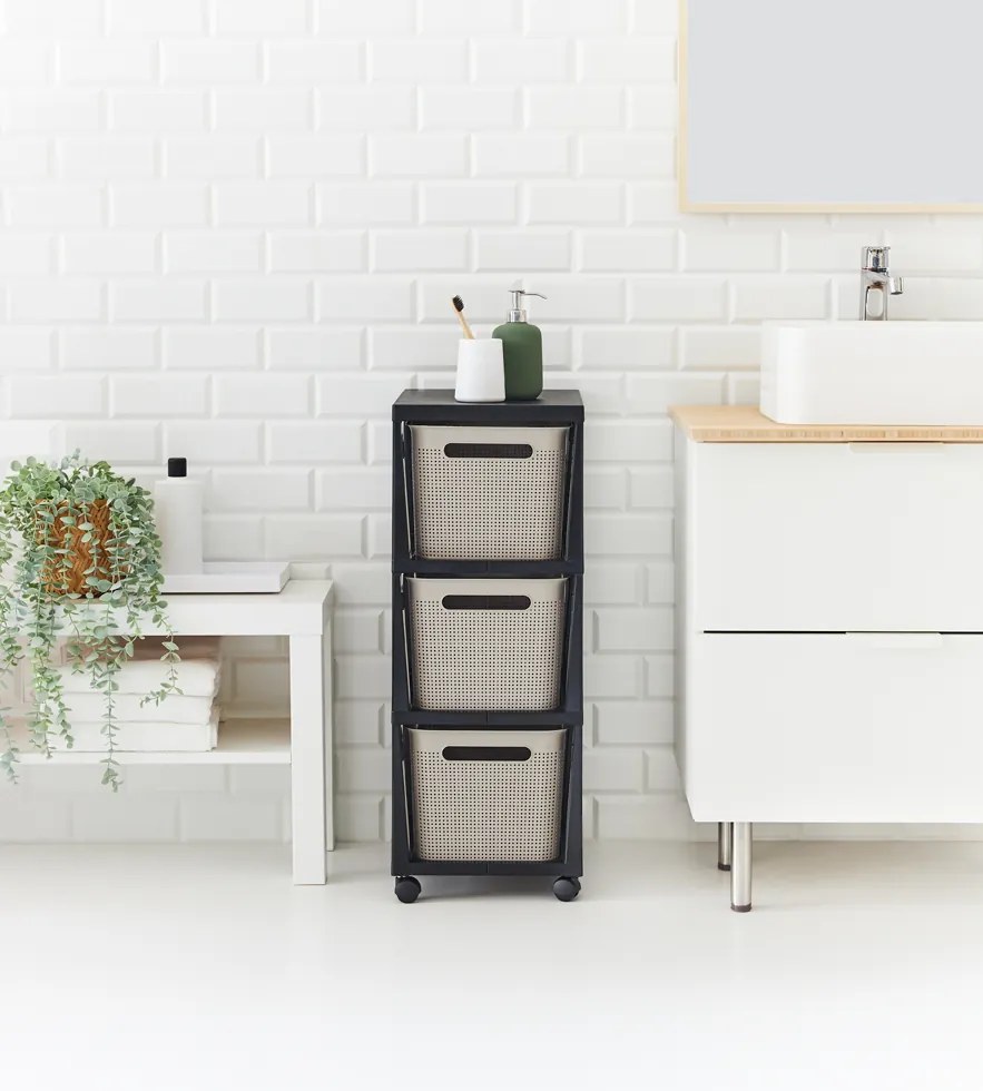 Rotho Pojazdný stojan, regál s 3 košíkmi, BRISEN TOWER, béžová/antracit