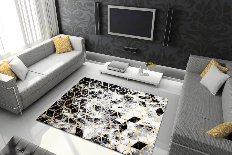 Koberec moderný 3D GLOSS 409A 82 Kocky štýlový, glamour, art deco čierna / zlatá / sivá Veľkosť: 70x200 cm