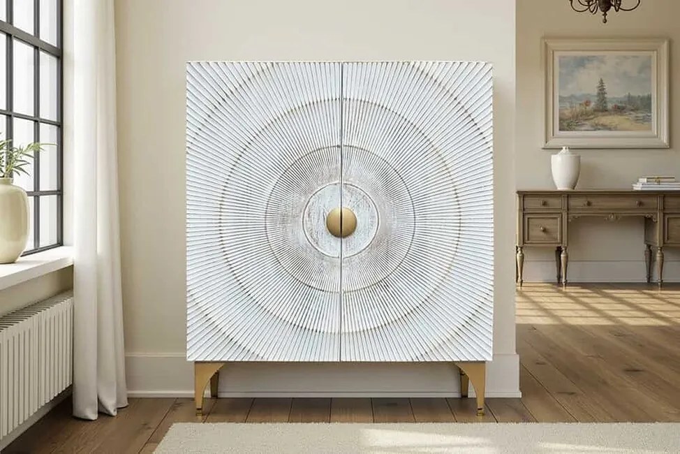 Dizajnová drevená skrinka Golden Sunset Mango biela 100cm