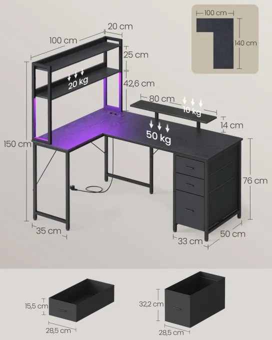 Rohový pracovný stôl s LED diódou LWD162B101