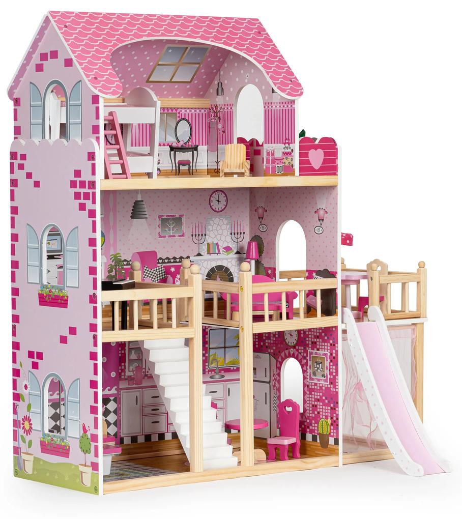 Domček pre bábiky s terasou a šmykľavkou 18 dreveného nábytku ECOTOYS