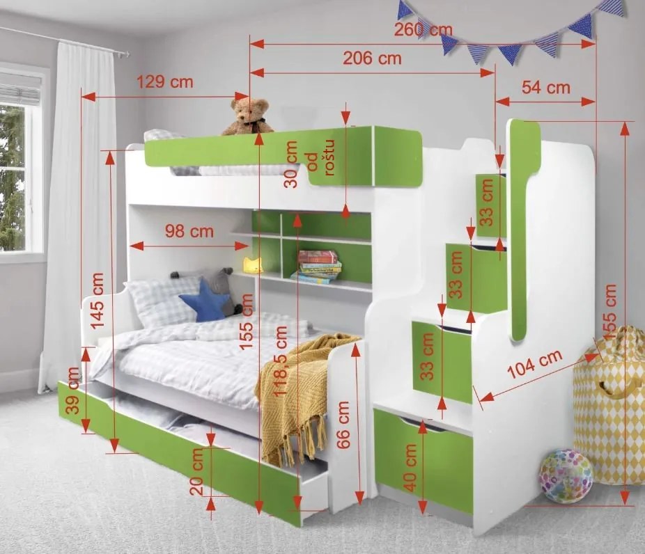 Detská poschodová posteľ s rozšíreným spodným lôžkom a zásuvkou HARRY biela - 200x90/120 cm