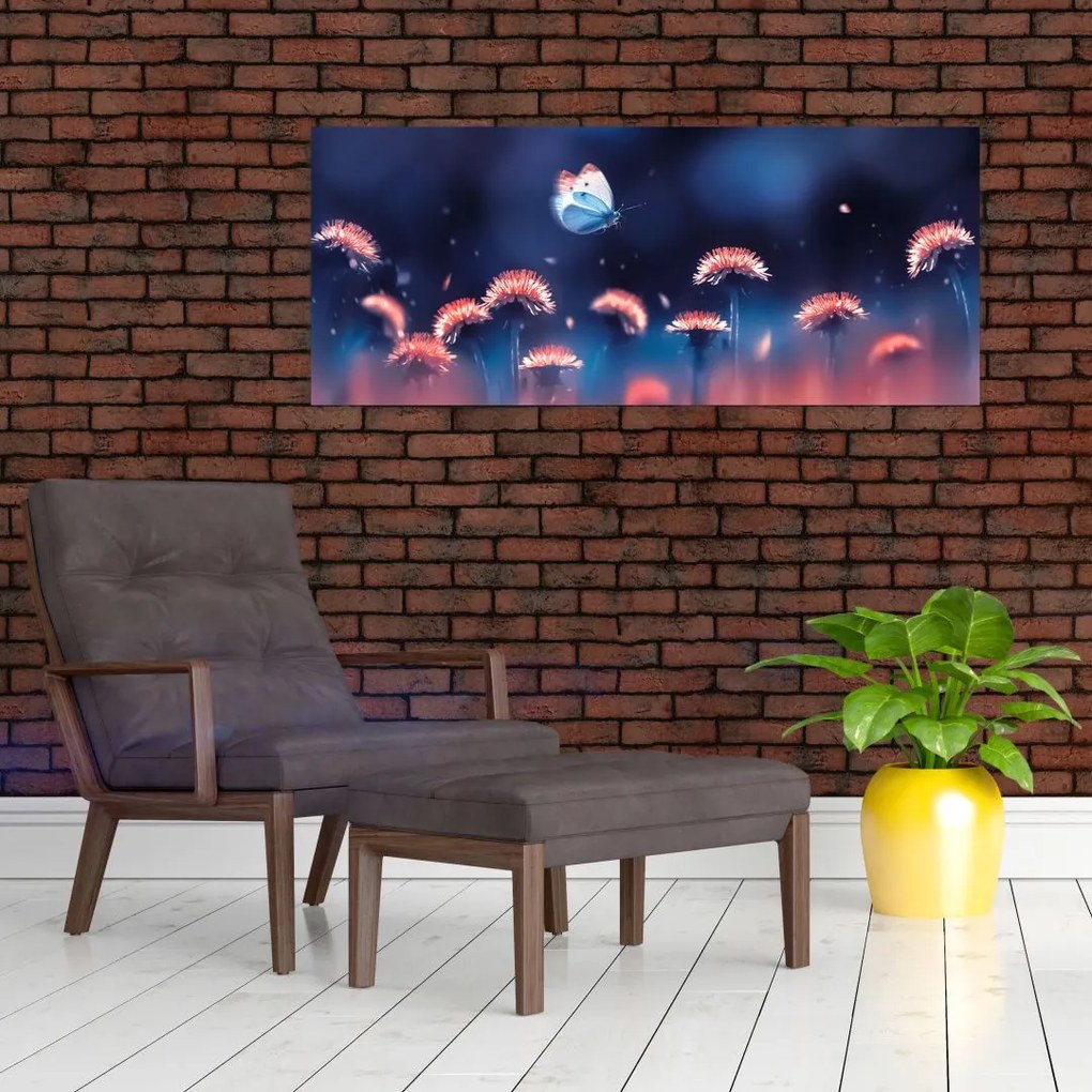 Obraz púpav s modrým motýľom (120x50 cm)