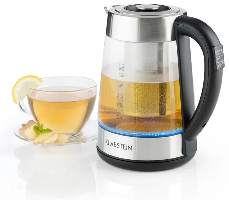 Klarstein Ostfriese, rýchlovarná kanvica a čajník 2 v 1, 1,7 l, 2200 W, LED, nehrdzavejúca oceľ, sklo