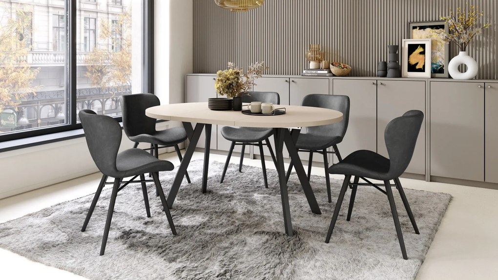 ALMO 100 Béžový/čierne nohy - OKRÚHLY LOFTOVÝ/INDUSTRIÁLNY ROZKLADACÍ STÔL DO OBÝVAČKY/JEDÁLNE