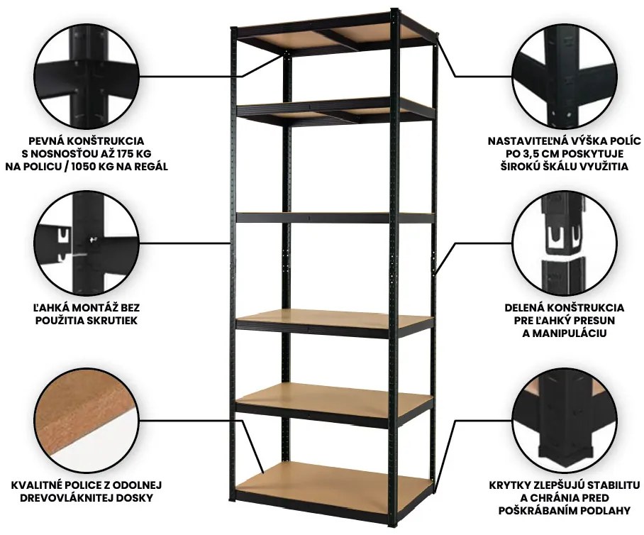 Fistar Regál 2200x900x500 mm kovový lakovaný 6-policový, nosnosť 1050 kg - ČIERNY