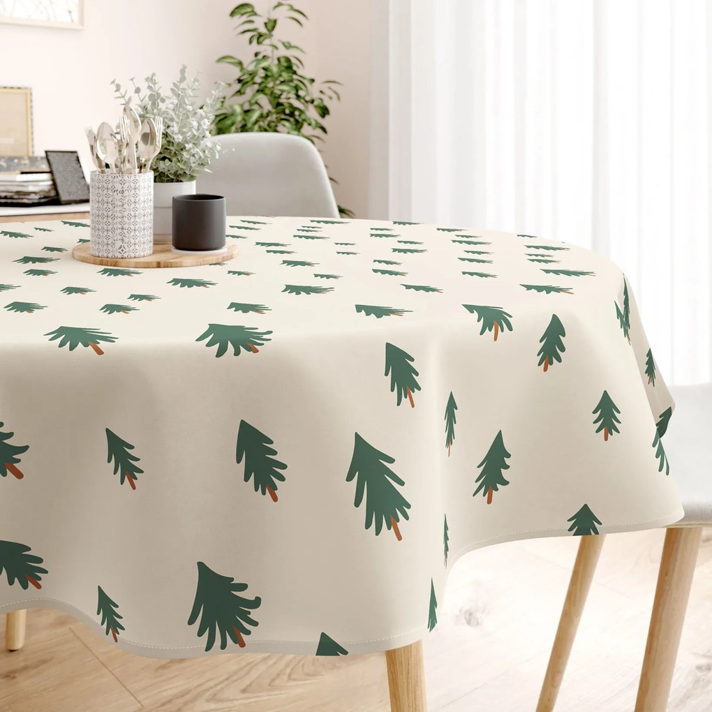 Goldea vianočný okrúhly obrus z pevnej bavlny - stromčeky na režnom Ø 100 cm