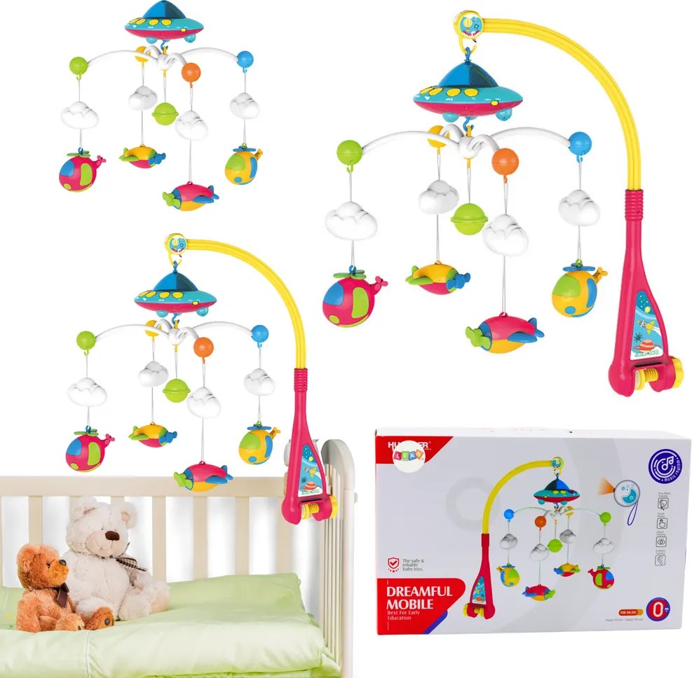 LEAN Toys Ufo Planes Kolotoč do postieľky pre dieťa 108 Melodies Projektor
