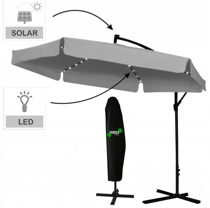 Sivý záhradný slnečník s LED osvetlením 3 m