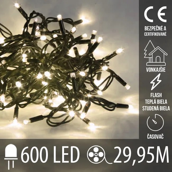 Vianočná led svetelná reťaz vonkajšia s časovačom flash - 600led - 29,95m teplá biela+studená biela