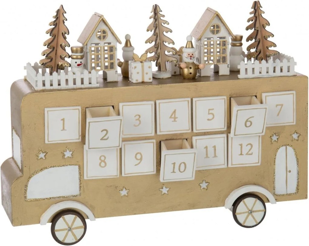 Adventný kalendár autobus preglejka zlatobiely J-line – 31*9*24 cm