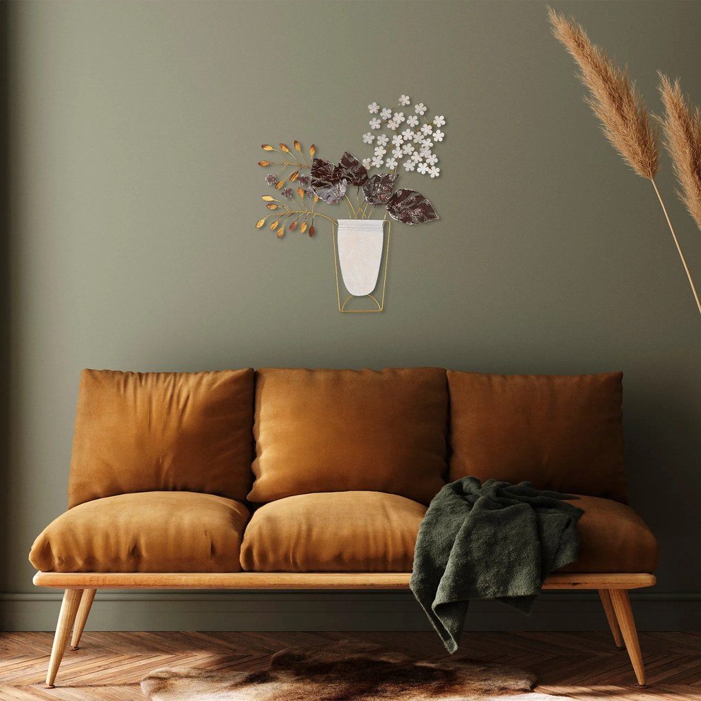 Nástenná kovová dekorácia Kvetiny v kvetináčoch viacfarebná