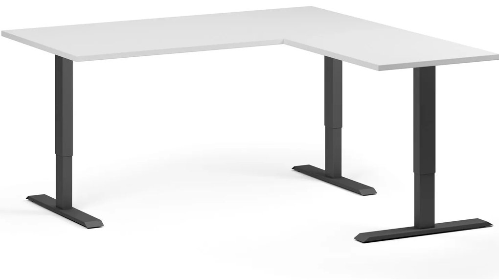 Výškovo nastaviteľný stôl, 160x160 cm, 3 motory, L/P, čierna podnož, biela