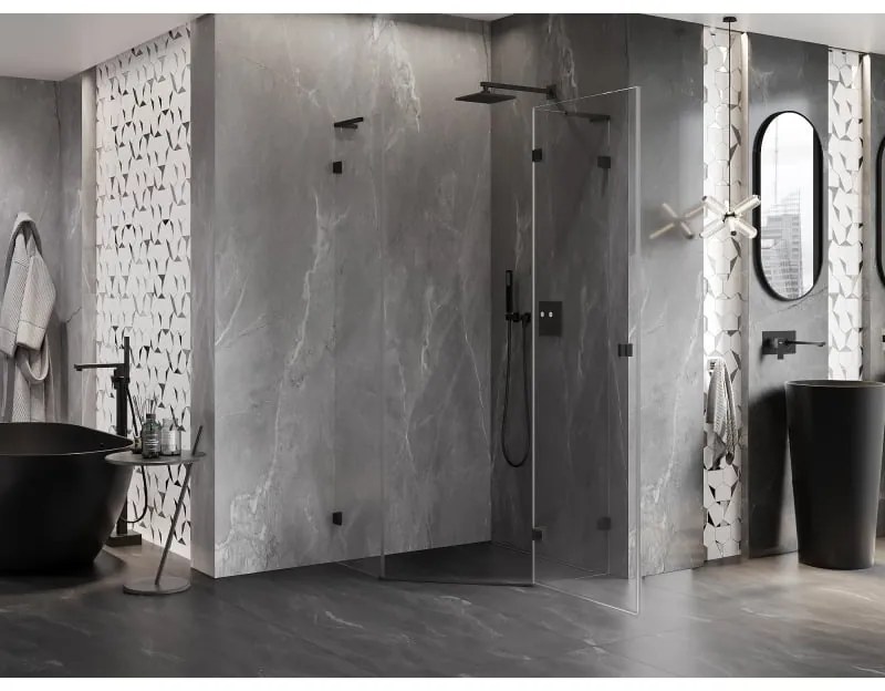 Mexen Lunar, L sklopný päťuholníkový sprchový kút pravý 90 x 90 cm, 8mm číre sklo, čierny profil, 831L-090P-090L-70-00-P