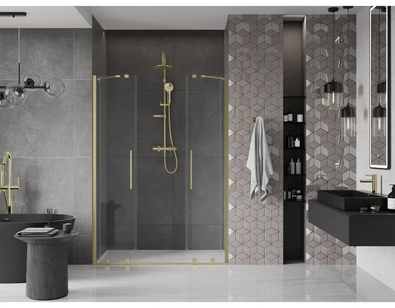 Mexen Velar Duo, posuvné dvere do otvoru 140x200 cm, 8mm číre sklo, zlatá matná, 871-140-000-02-55